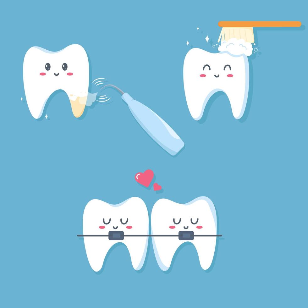 Conjunto de dientes con diferentes procedimientos higiénicos. vector