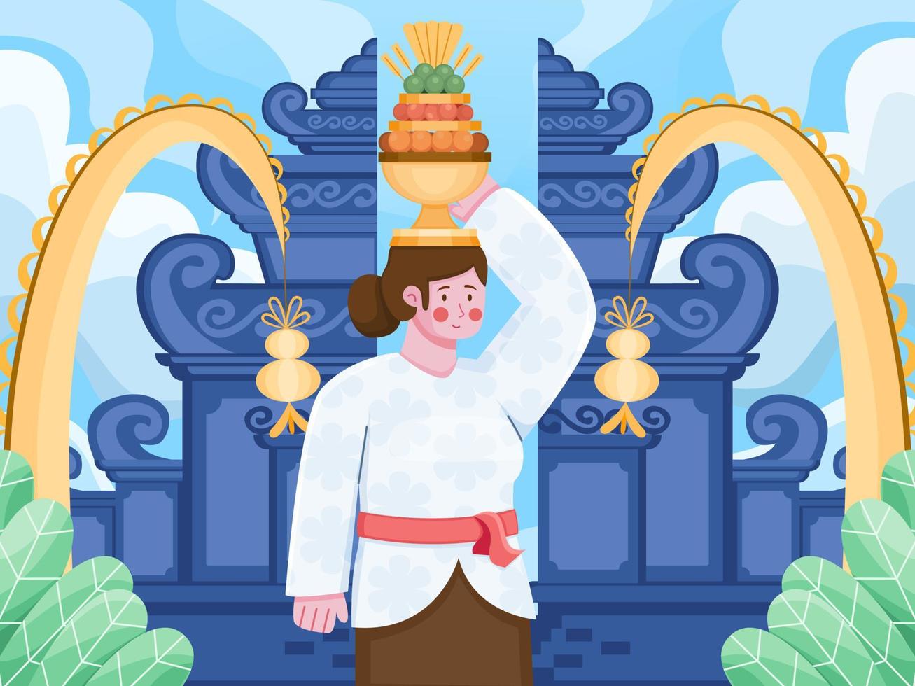 una mujer balinesa celebrando la tradición de la ceremonia kuningan galungan en el templo o pura ilustración plana vectorial. cultura étnica de bali indonesia, evento de tradición. puede utilizar para banner, tarjeta de felicitación. vector