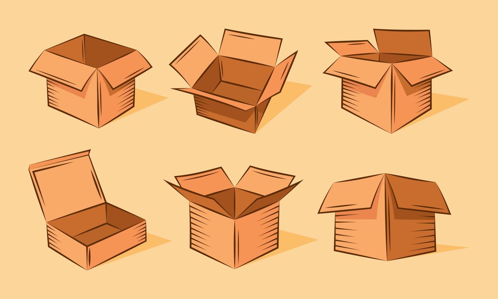 colección de ilustraciones vectoriales planas de cajas de cartón en estilo de dibujos animados. perfecto para ilustraciones de servicios de envío, carga y cajas de regalo. vector