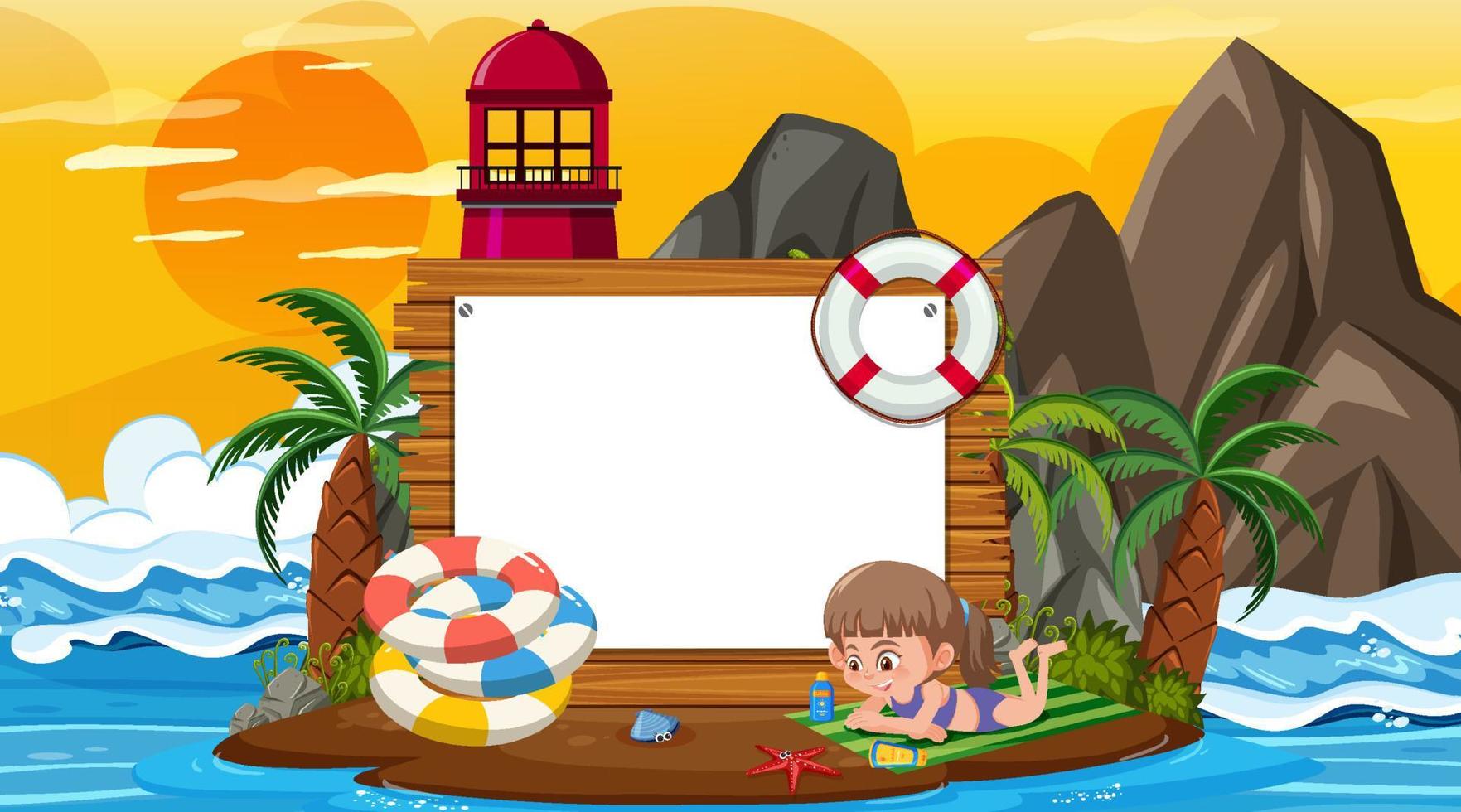 Empty banner template with kids on vacation at the beach sunset scene vector
