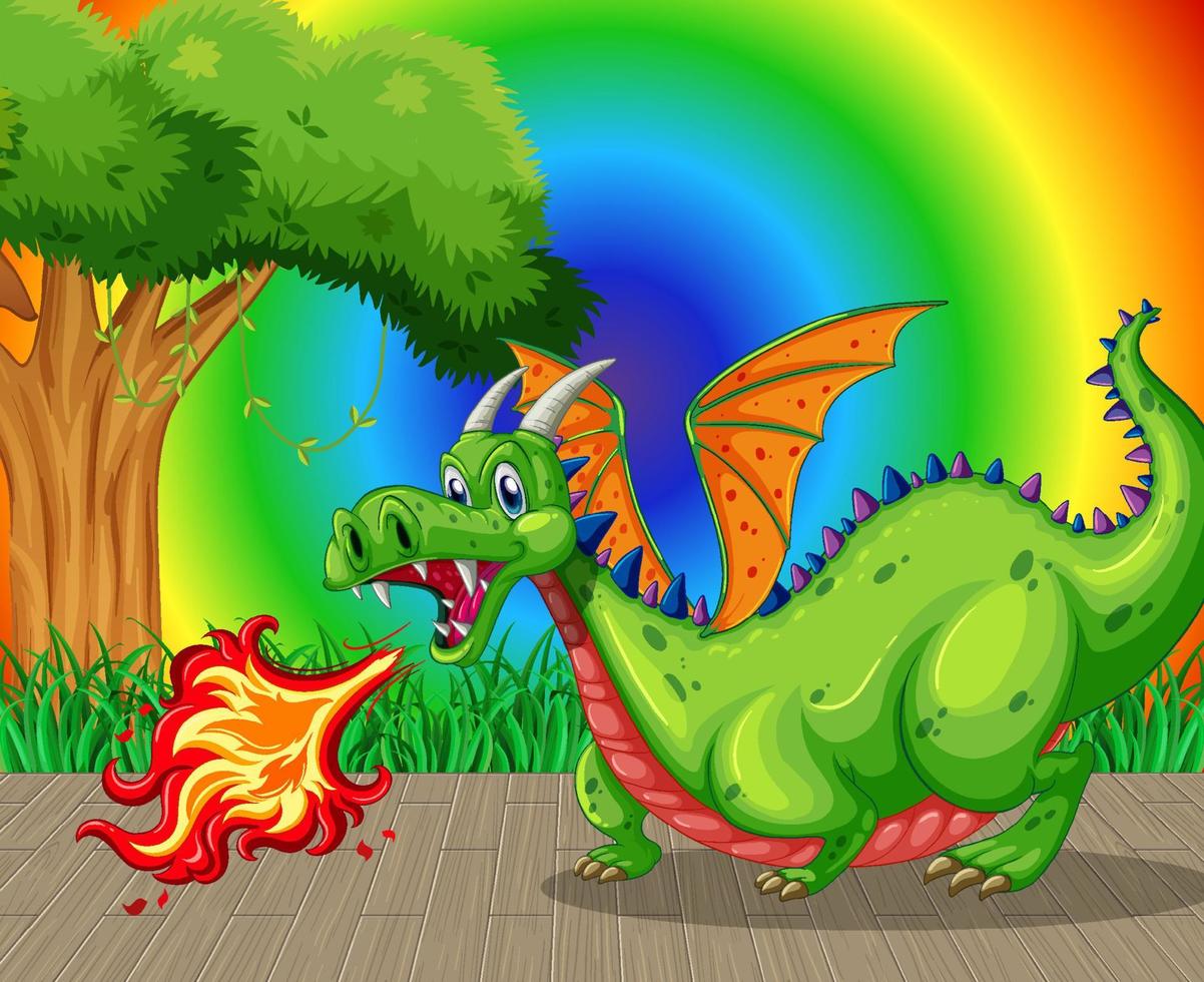 Dragon spitting fire cartoon character on rainbow gradient background vector