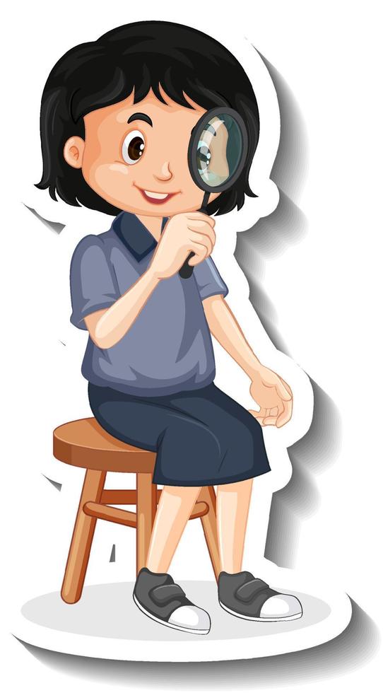 Cartoon girl looking through magnifying glass vector