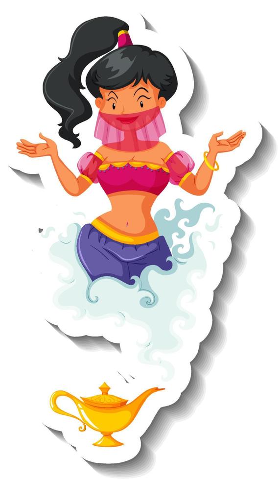 Genie lady coming out of magic lamp cartoon character sticker vector