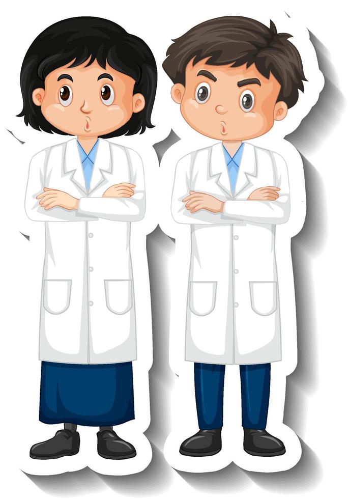 Scientist couple kids cartoon character sticker vector