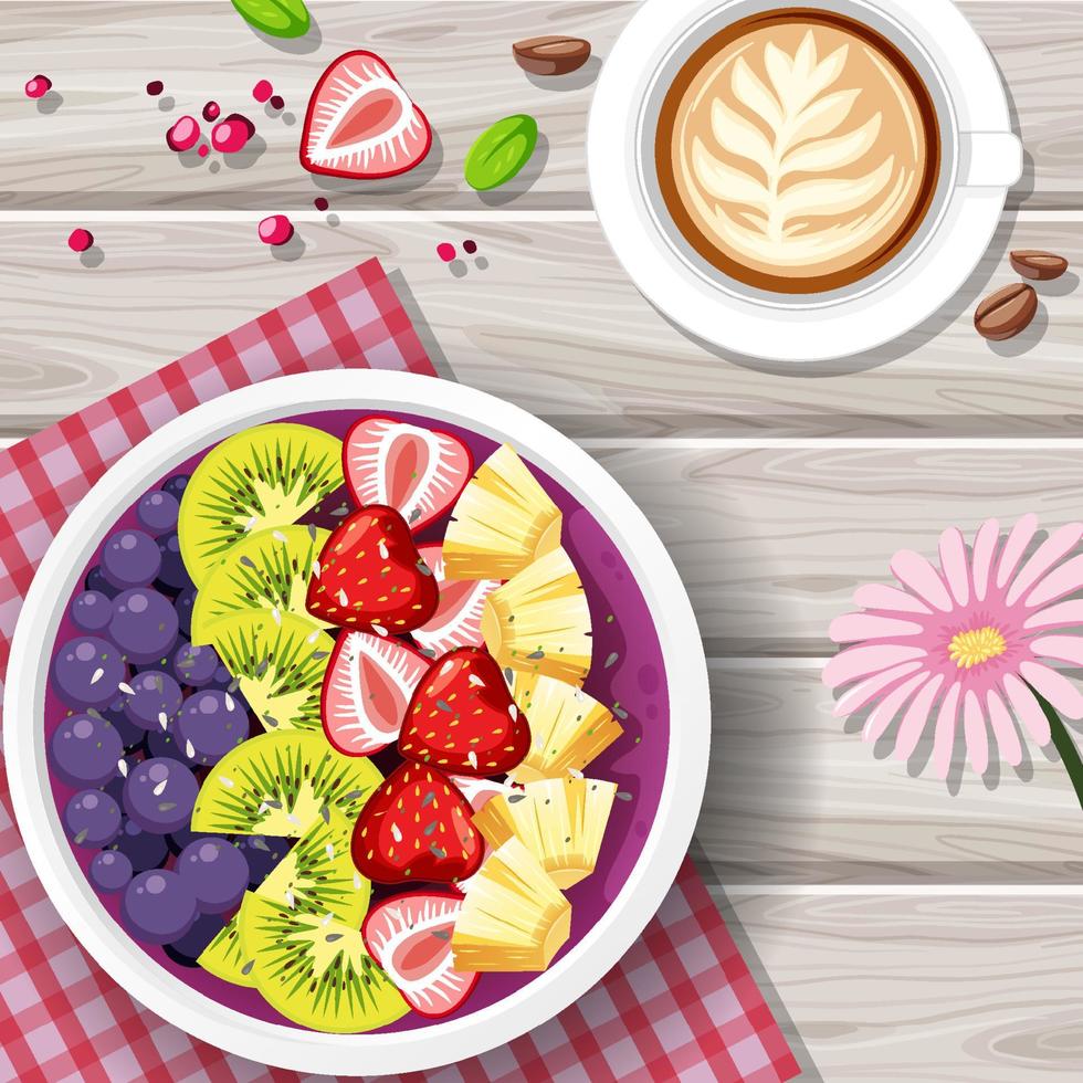 Top view of fruit salad on wooden table vector
