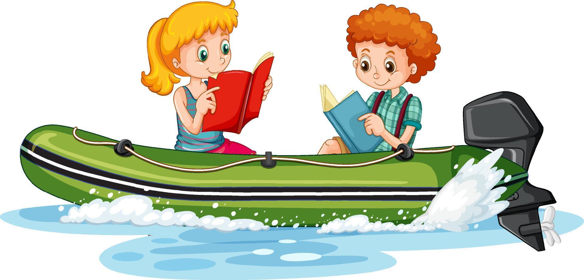 pareja de niños leyendo libros en el barco vector