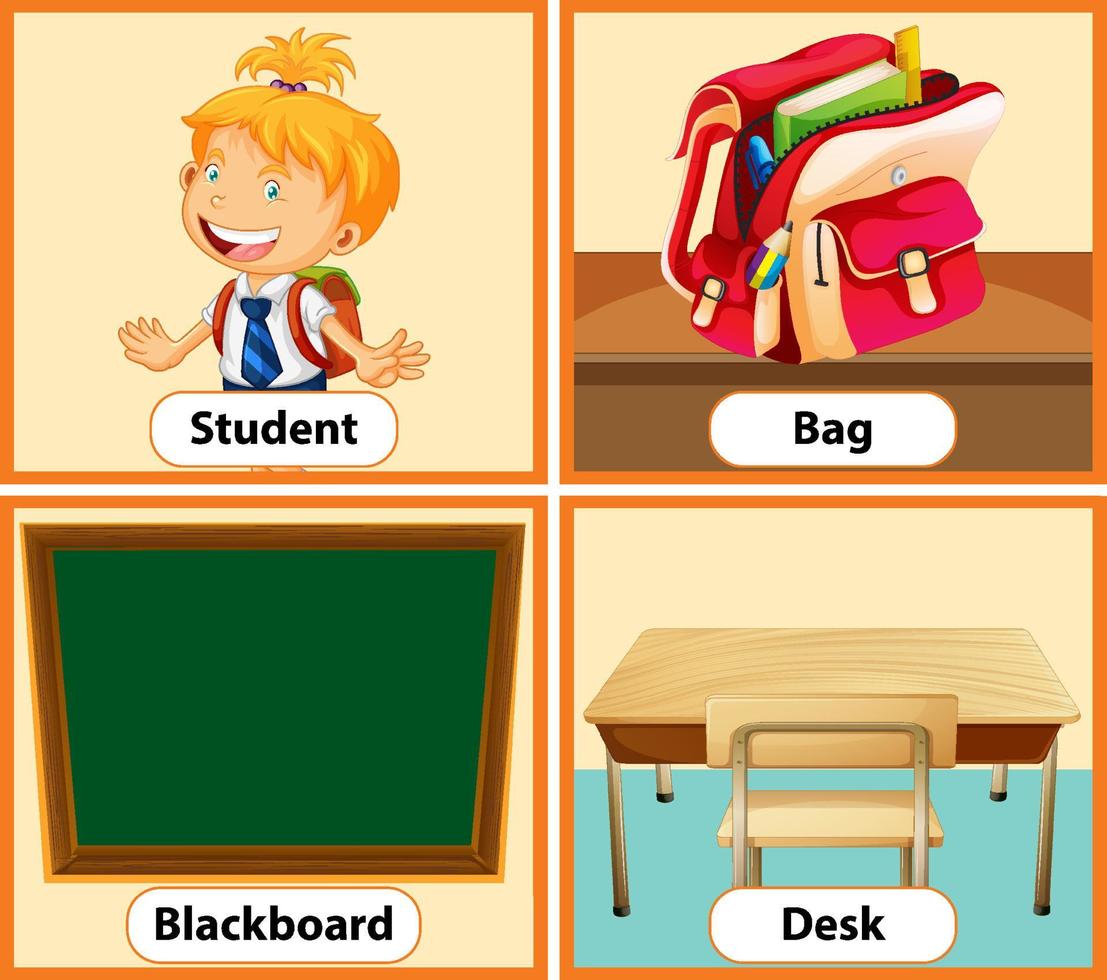 Educational English word card of School objects set vector