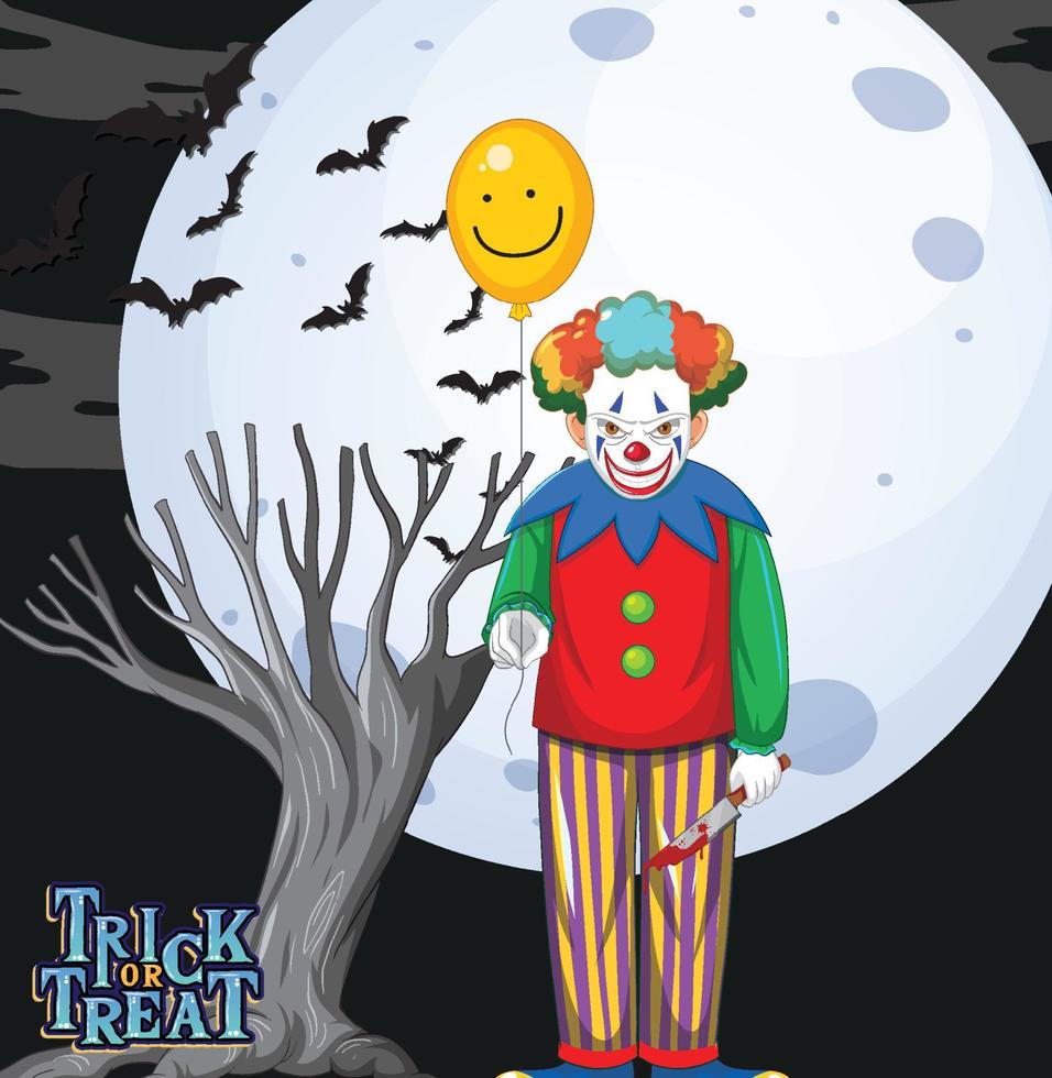 Scary clown holding balloon on full moon background vector