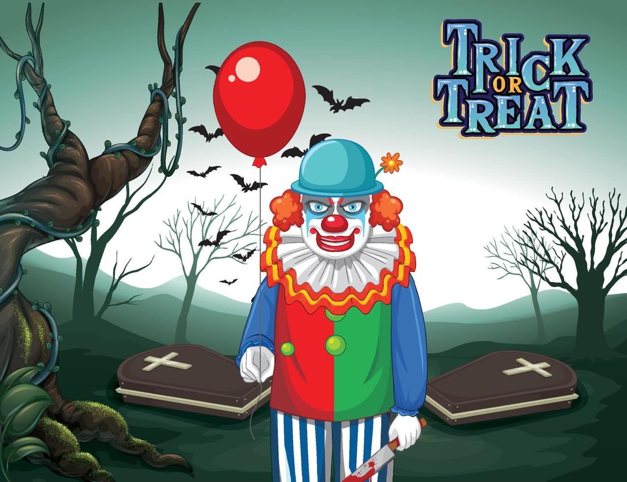 Creepy clown holding balloon on dark cemetery forest background vector