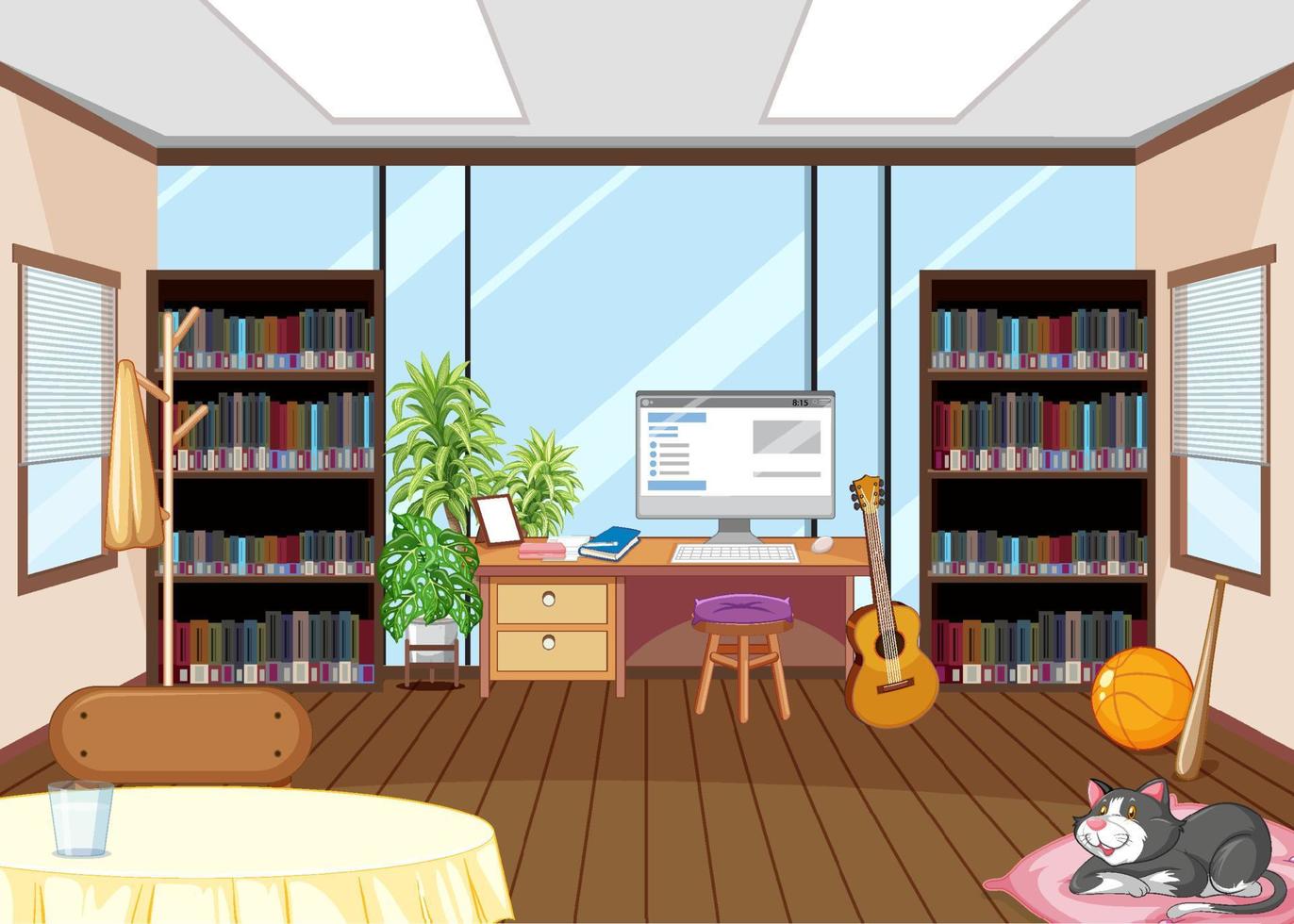Empty library interior design with bookshelves vector