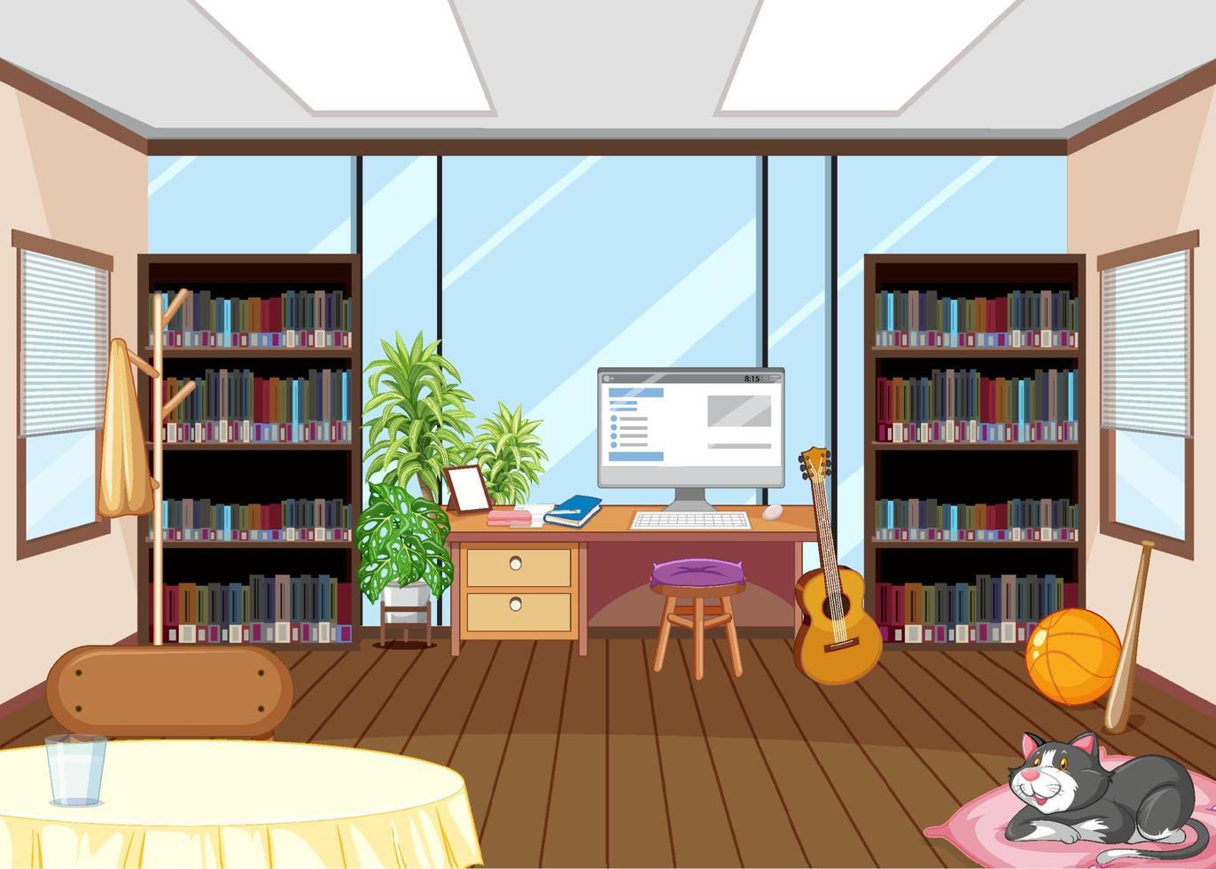 Diseño interior de biblioteca vacía con estanterías. vector