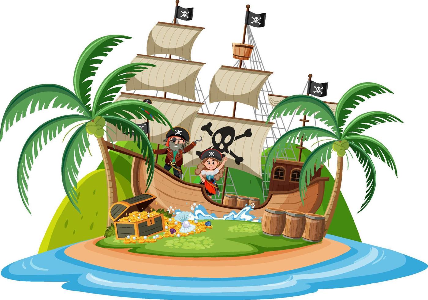 Pirate ship on island with many kids isolated on white background vector