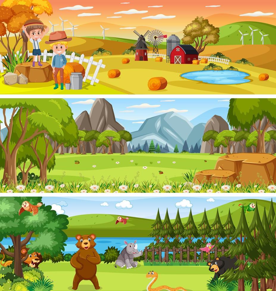 Different nature landscape at daytime scene with cartoon character vector