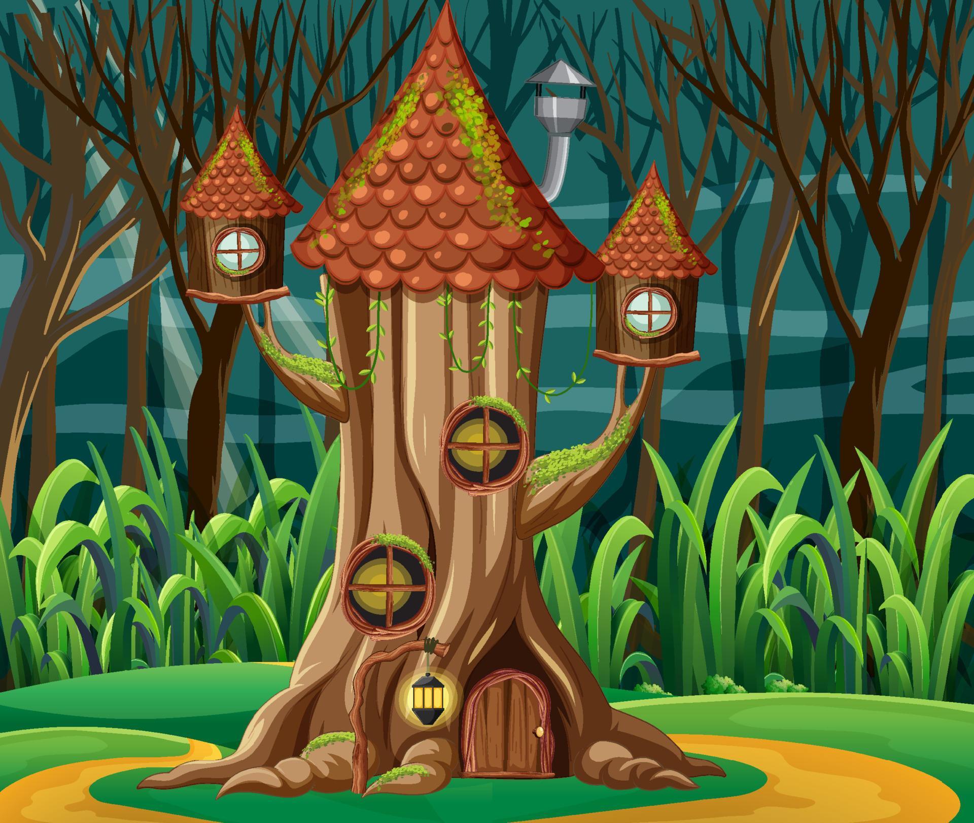 Fantasy Tree House In The Forest Vector Art At Vecteezy