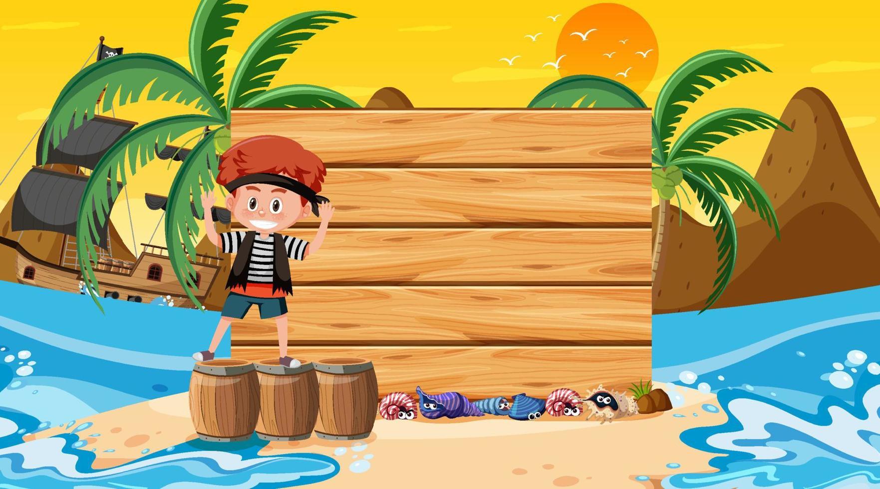 Plantilla de banner vacío con un niño pirata en la escena del atardecer en la playa vector