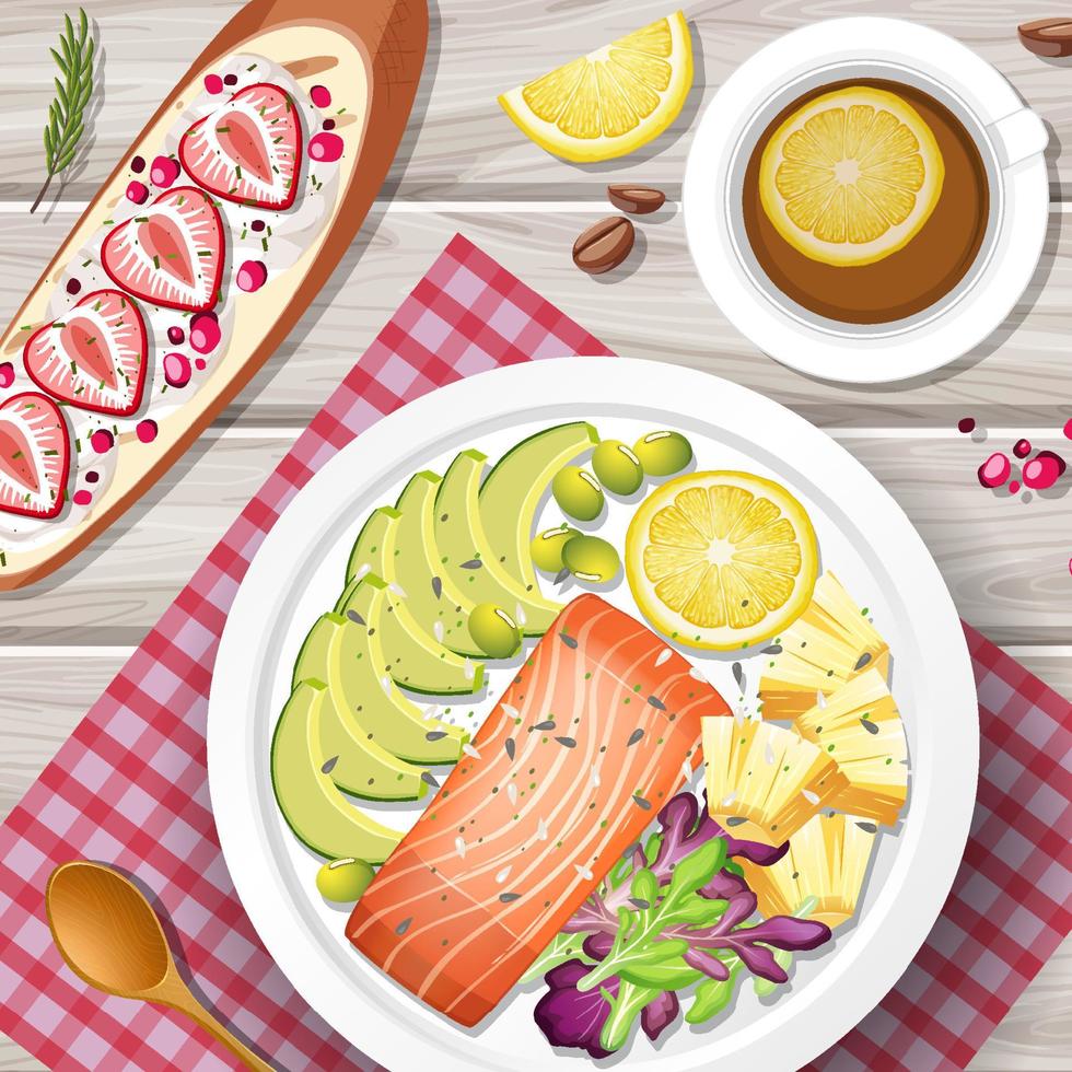 Salmon steak with teacup and strawberry bread vector