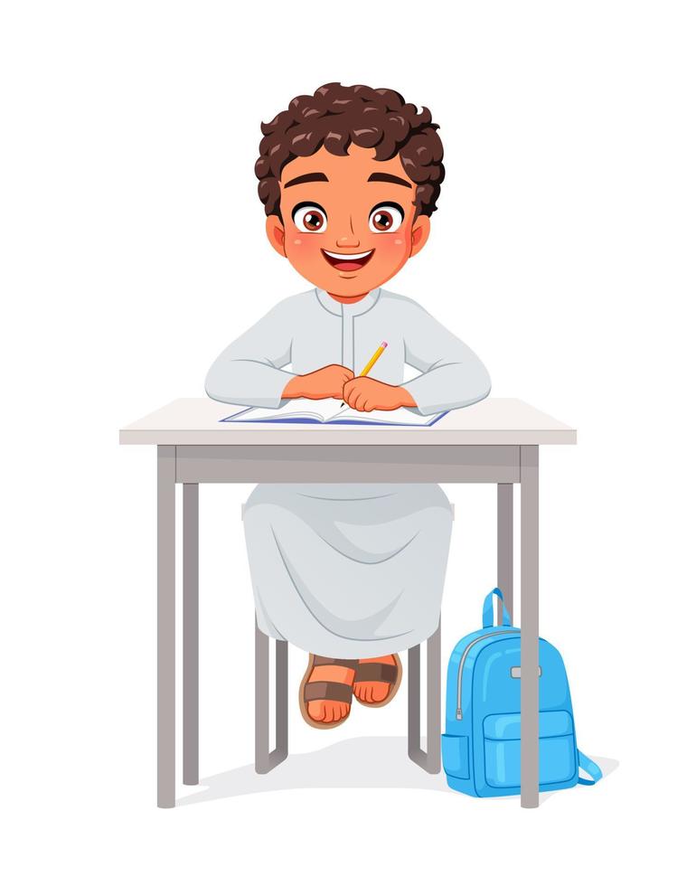 Niño de escuela árabe feliz sentado en el escritorio estudiando ilustración vectorial de dibujos animados aislado sobre fondo blanco vector