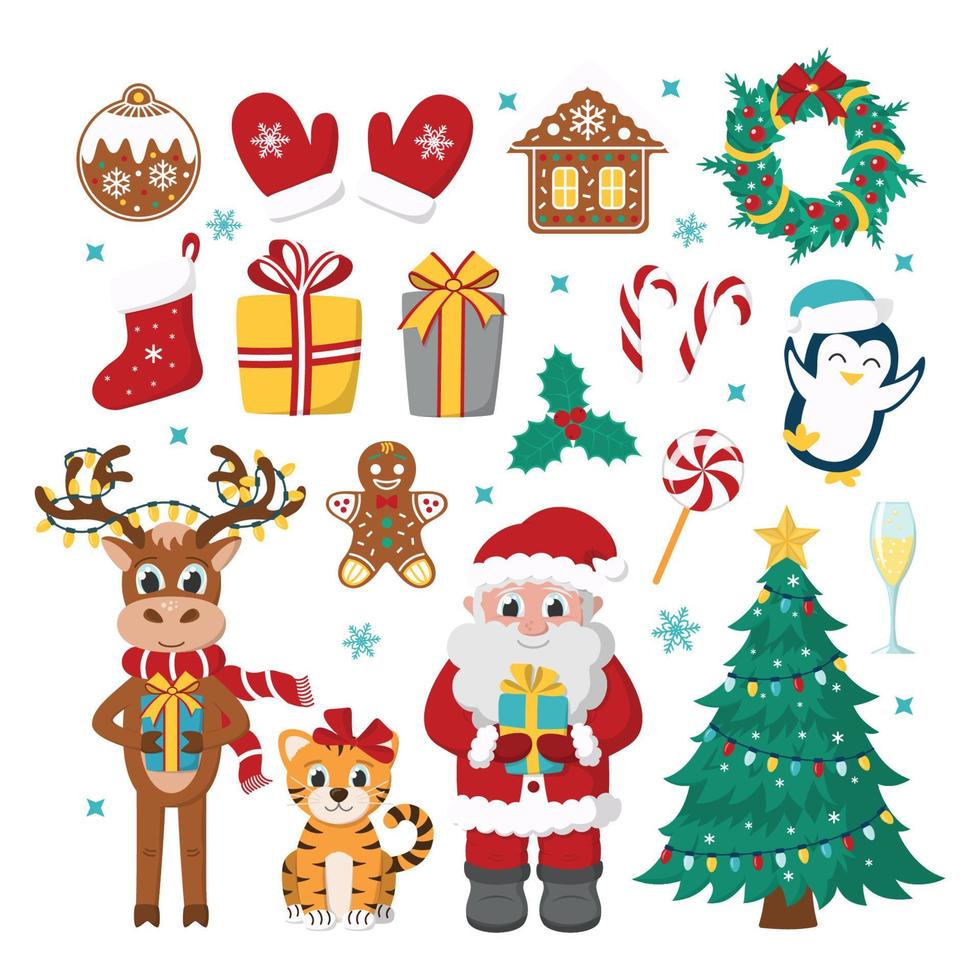 colección de invierno de dibujos animados con objetos tradicionales de vacaciones de navidad y año nuevo vector