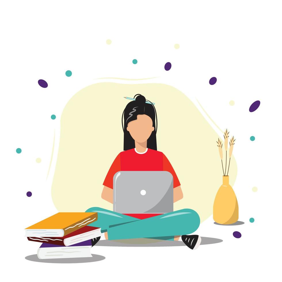Young sitting woman on the floor with a laptop and books. Online learning, freelance concept illustration. vector