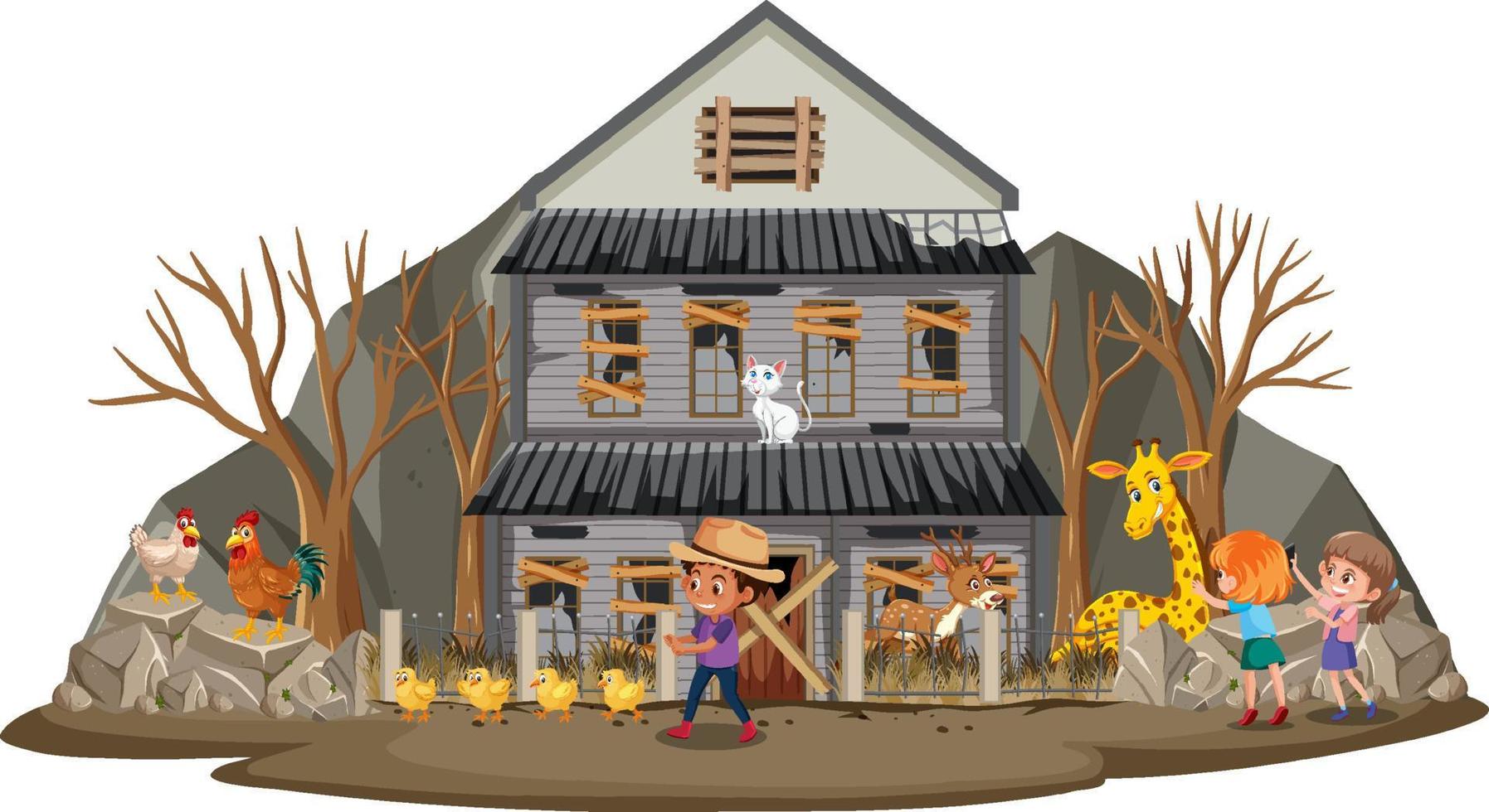 Kids playing with animals at abandon house vector