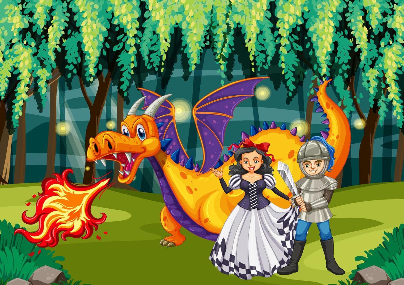 Dragon and knight in enchanted forest vector