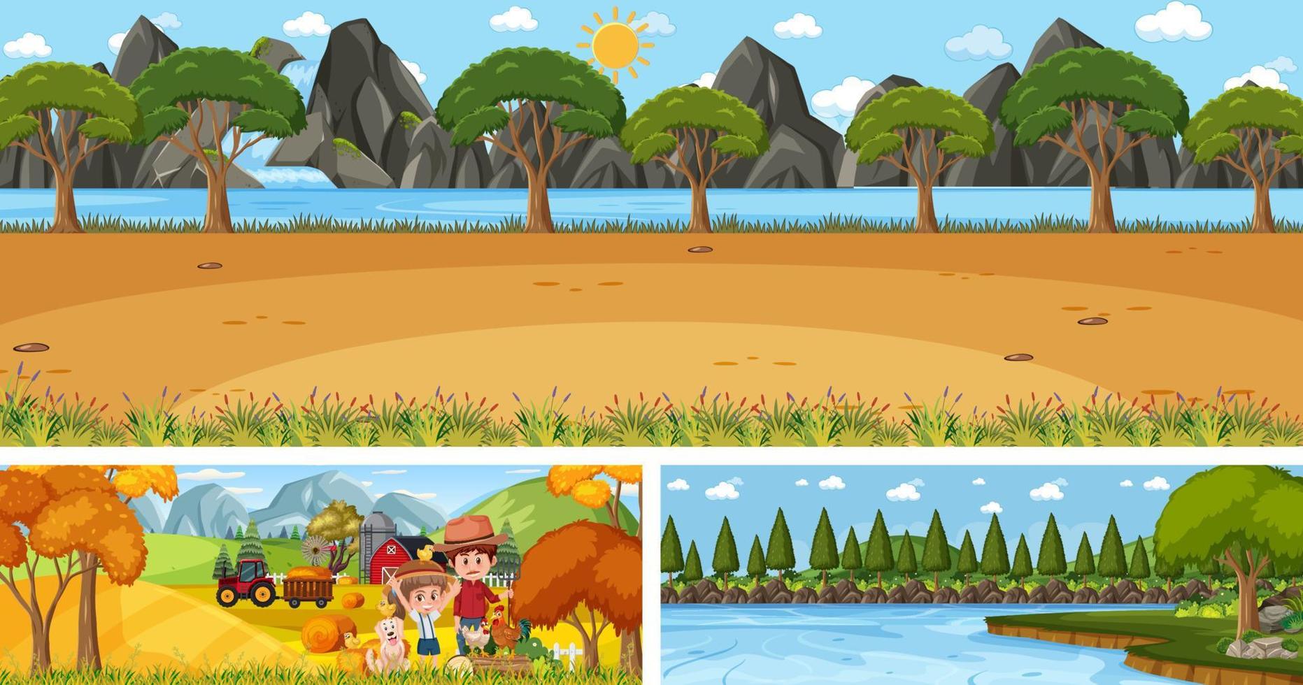 conjunto de paisaje panorámico al aire libre con personaje de dibujos animados vector