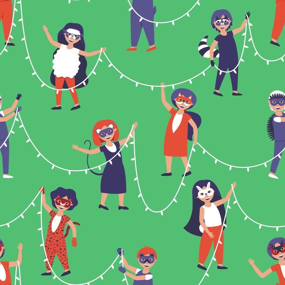 Seamless pattern with children in carnival costumes and masks of forest animals are holding a garland in their hands vector