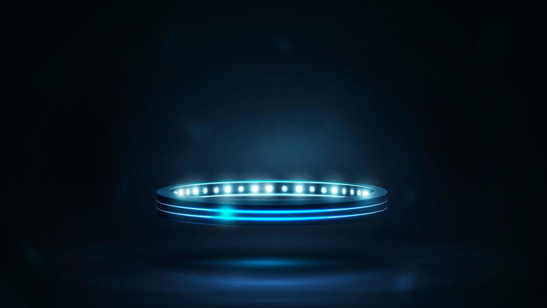 Digital ring with lights in dark room. Shine blue neon podium in shape of ring vector