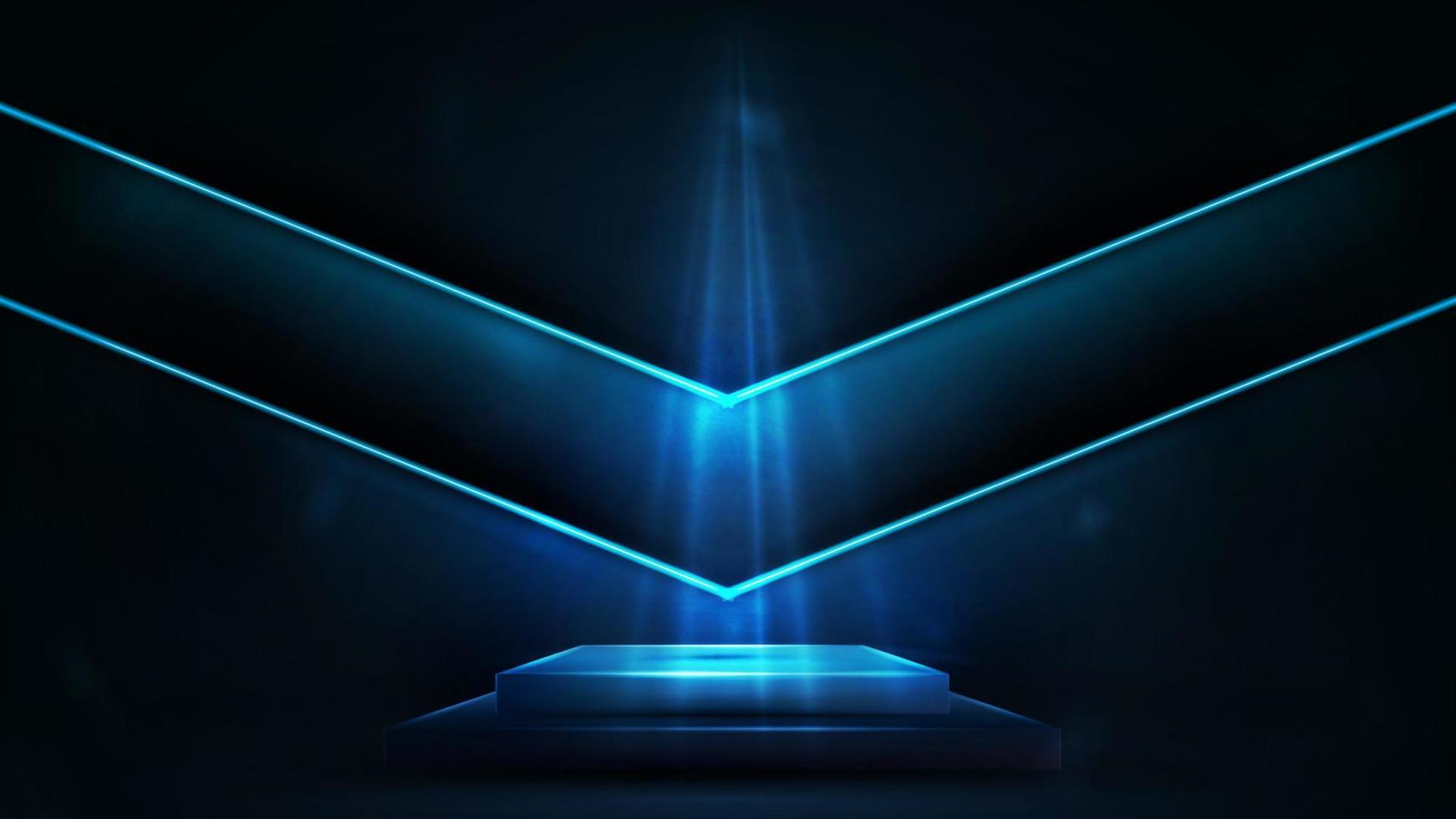 Empty blue rectangular podium for product presentation on background in empty room with neon blue large arrows on wall. Blue digital neon podium vector