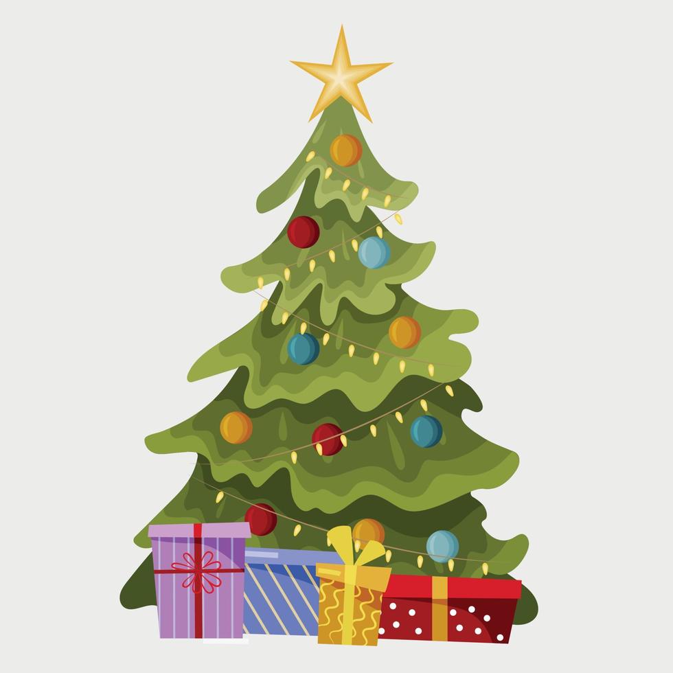 A star, decorative balls and garlands decorate the Christmas tree. There are boxes with gifts under the festive tree. Vector illustration in a flat style, isolated on a white background.