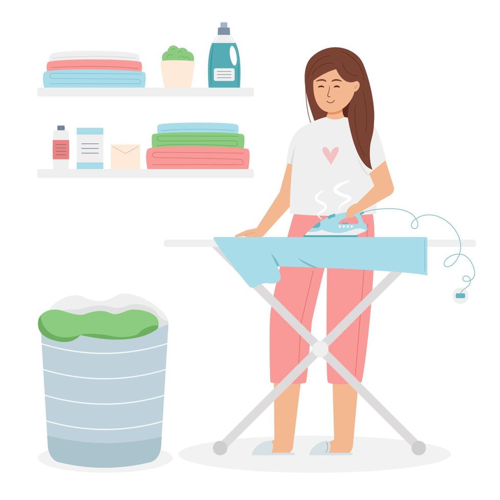 Happy smiling woman ironing clothes vector