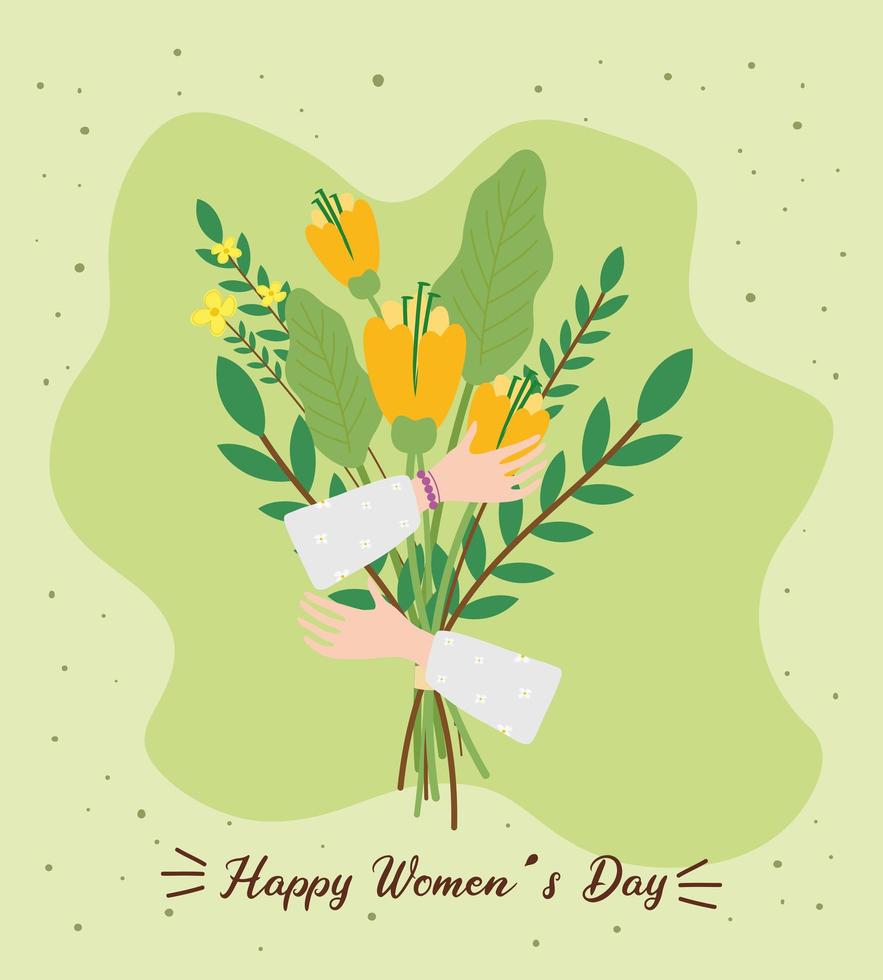 happy womens day lettering card with hands lifting flowers bouquet vector