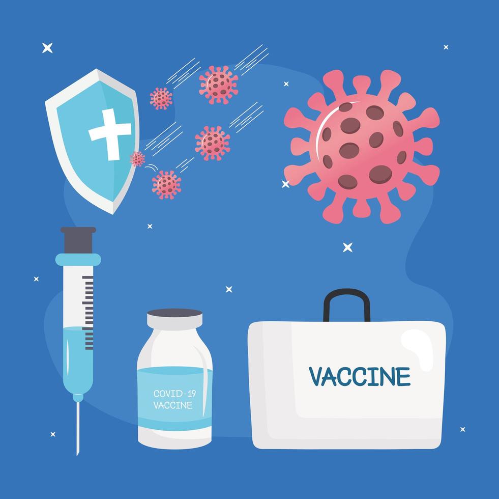 Kit de vacunas contra el virus covid19 con iconos de conjunto vector