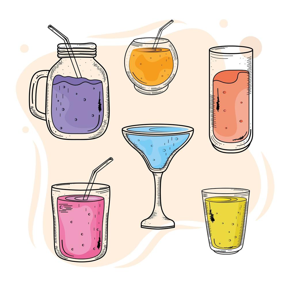 bundle of six drinks set icons vector