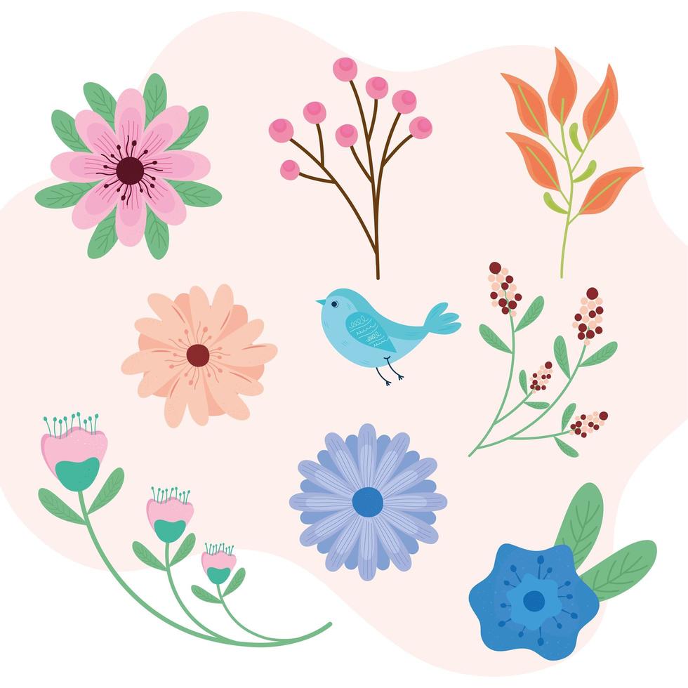 paquete de tarjeta de temporada de primavera con flores y aves vector