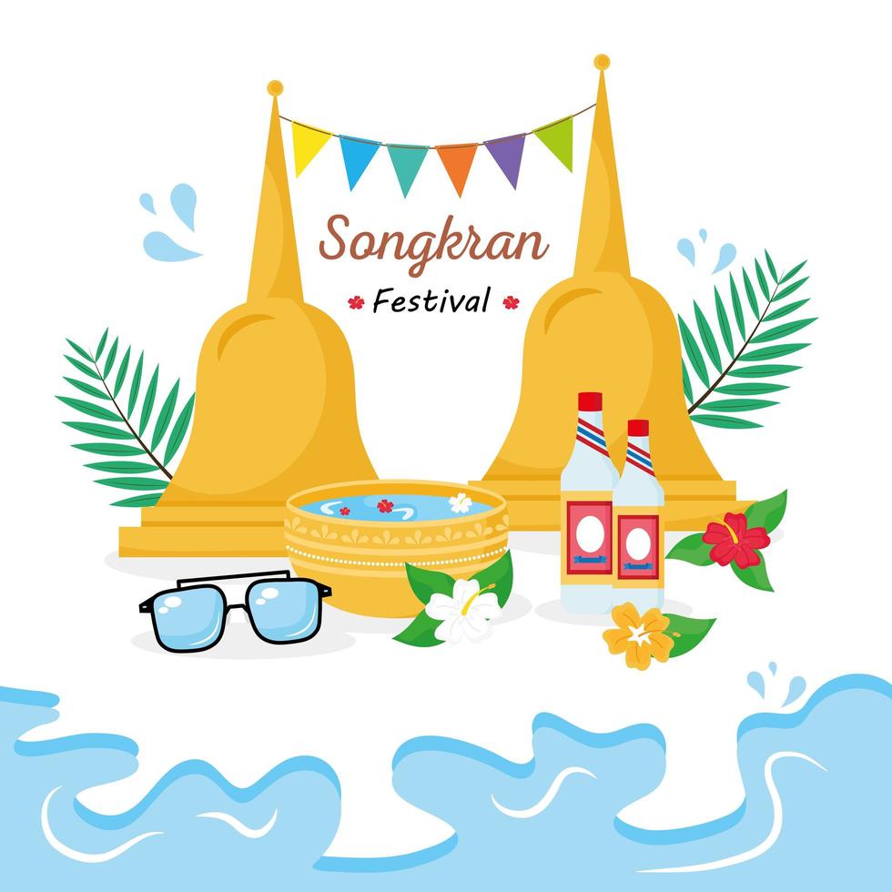 happy songkran festival lettering with garlands and golden bells vector