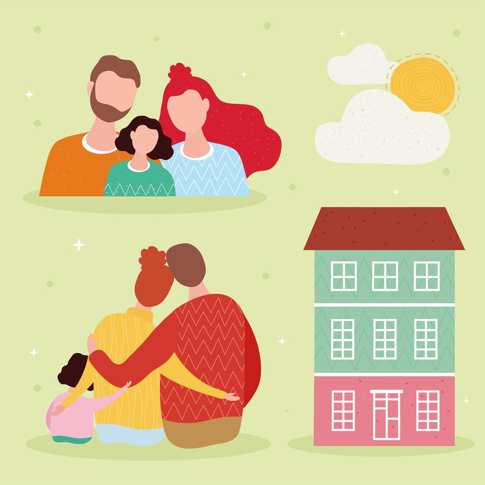 bundle of four family members and set icons vector