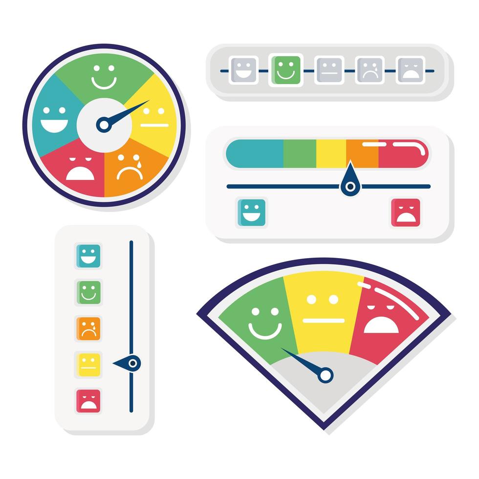 bundle of five customer satisfaction gauges and bars set icons vector