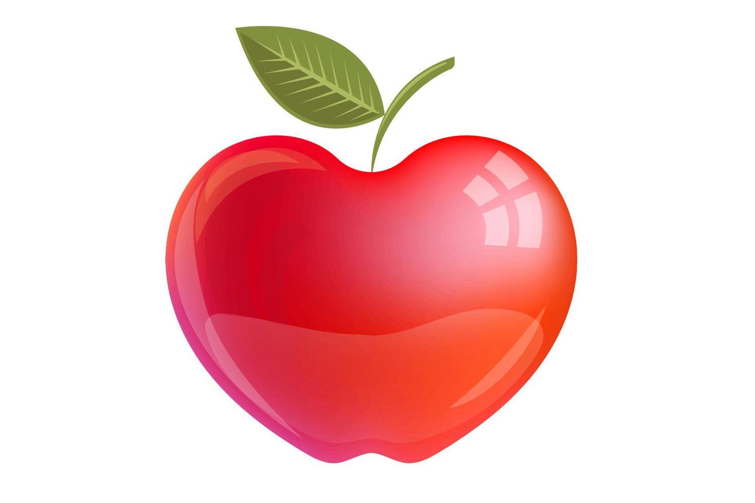 Ilustración de vector de manzana. manzana roja brillante brillante con reflejos. manzana roja con ilustración de hoja verde