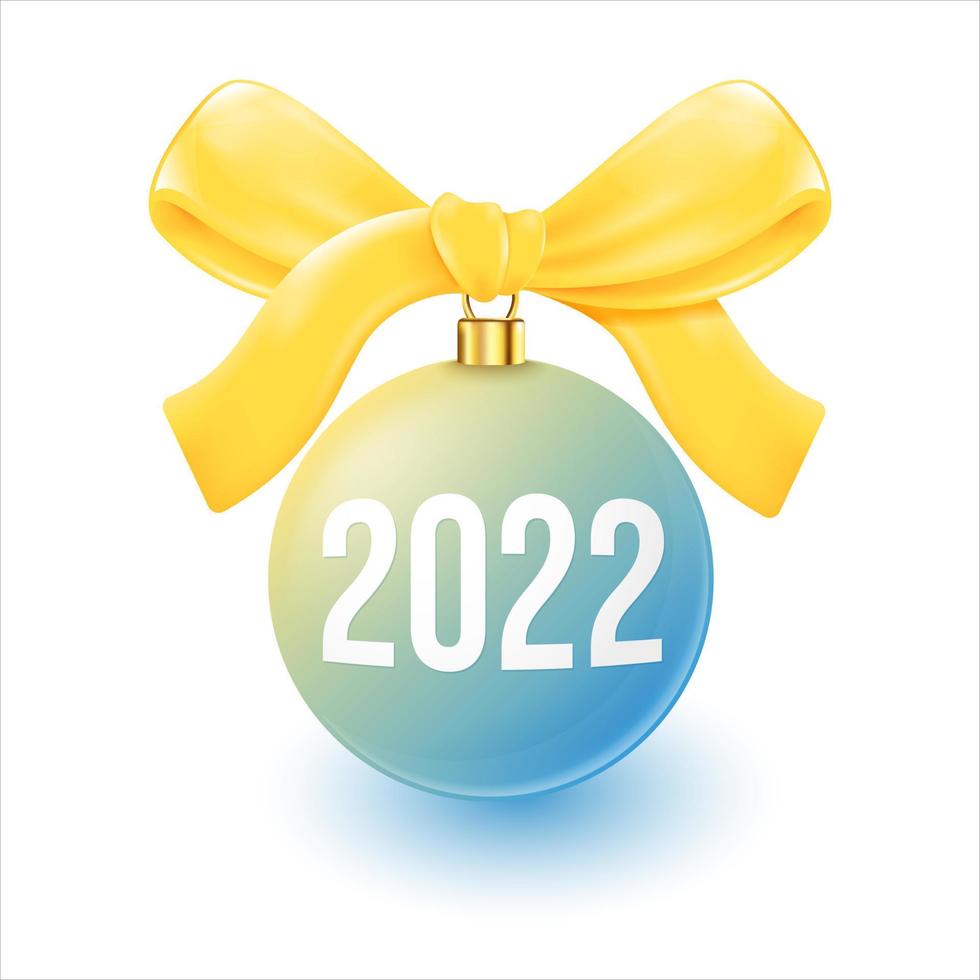 Christmas ball 2022 with yellow ribbon 3d. vector illustration.