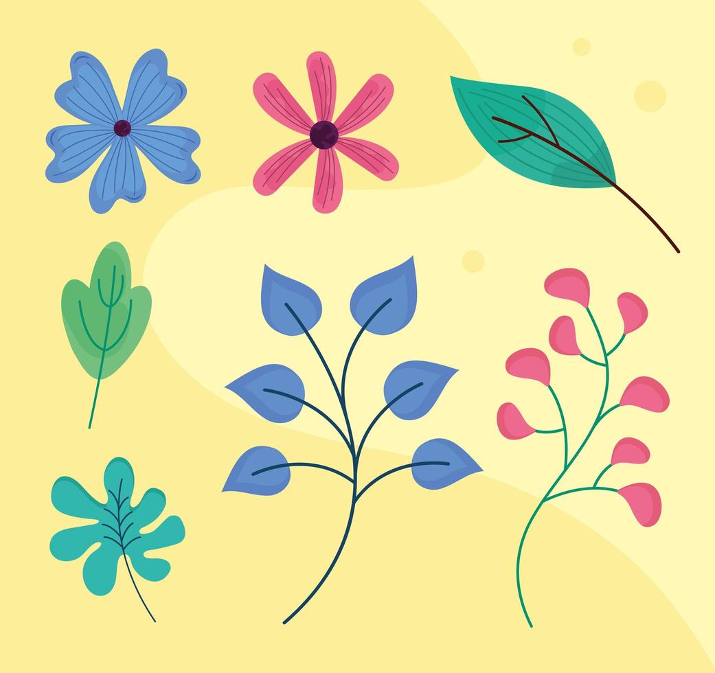 bundle of seven spring flowers with leafs vector