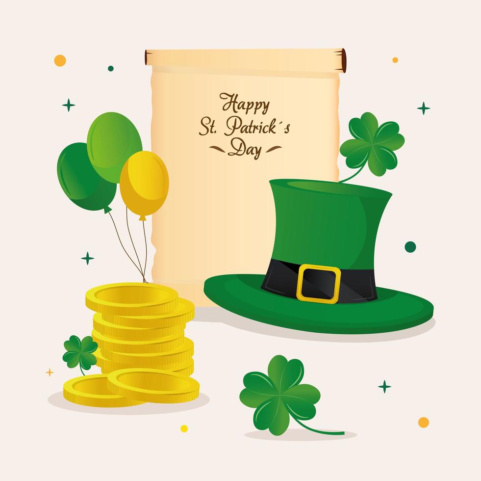 saint patricks day lettering in papyrus with set icons vector