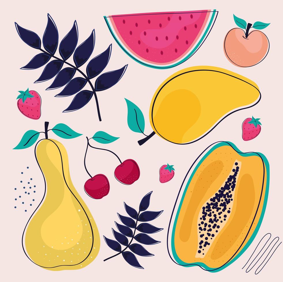 nine tropical fruits vector