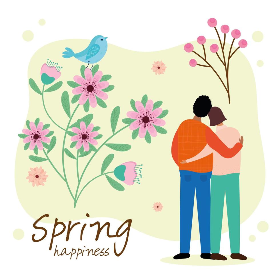 hello spring lettering seasonal card with lovers couple and bird in flowers garden vector