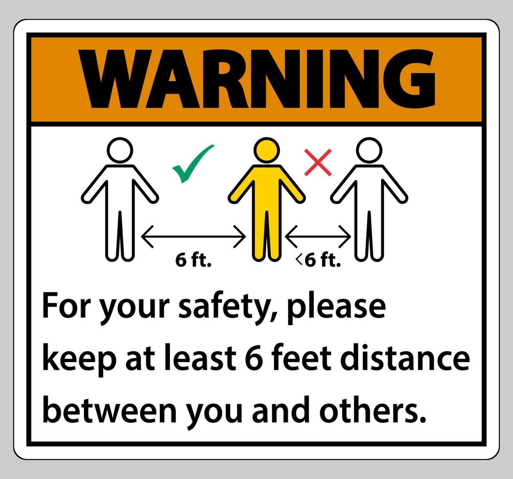 Advertencia: mantenga una distancia de 6 pies; por su seguridad, mantenga una distancia de al menos 6 pies entre usted y los demás. vector