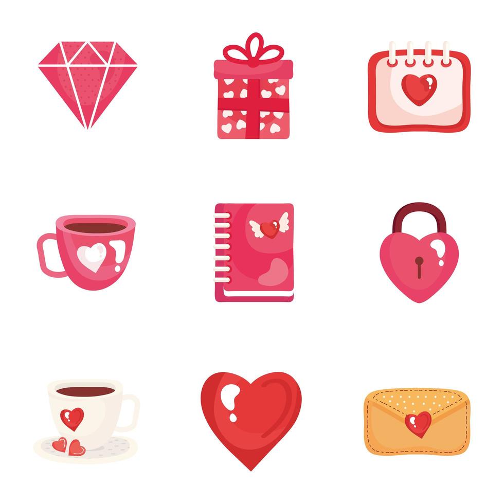 bundle of nine valentines day set icons vector