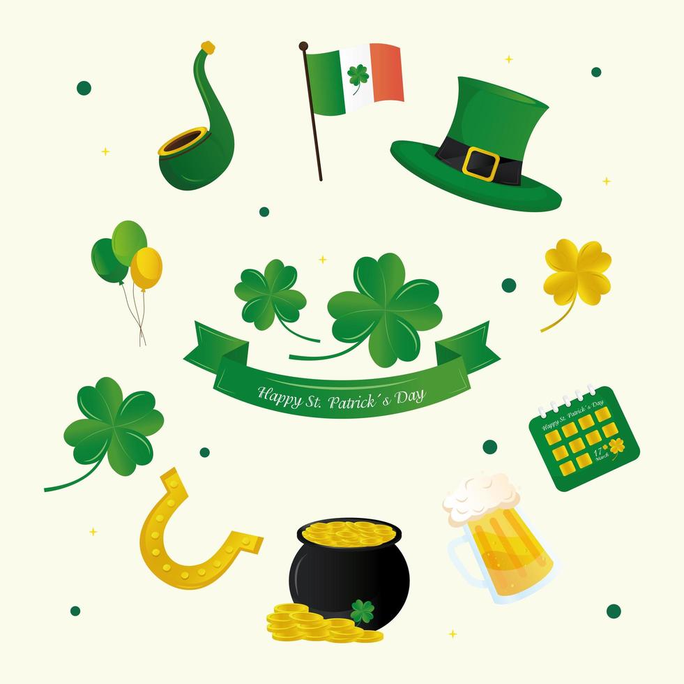 saint patricks day lettering in ribbon and set icons around vector