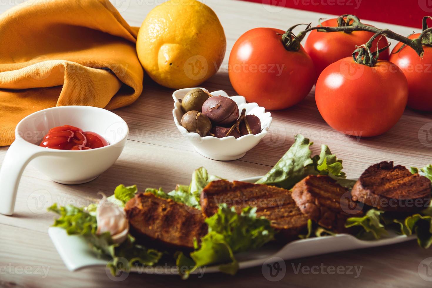 Real food, vegan meat in a restaurant photo