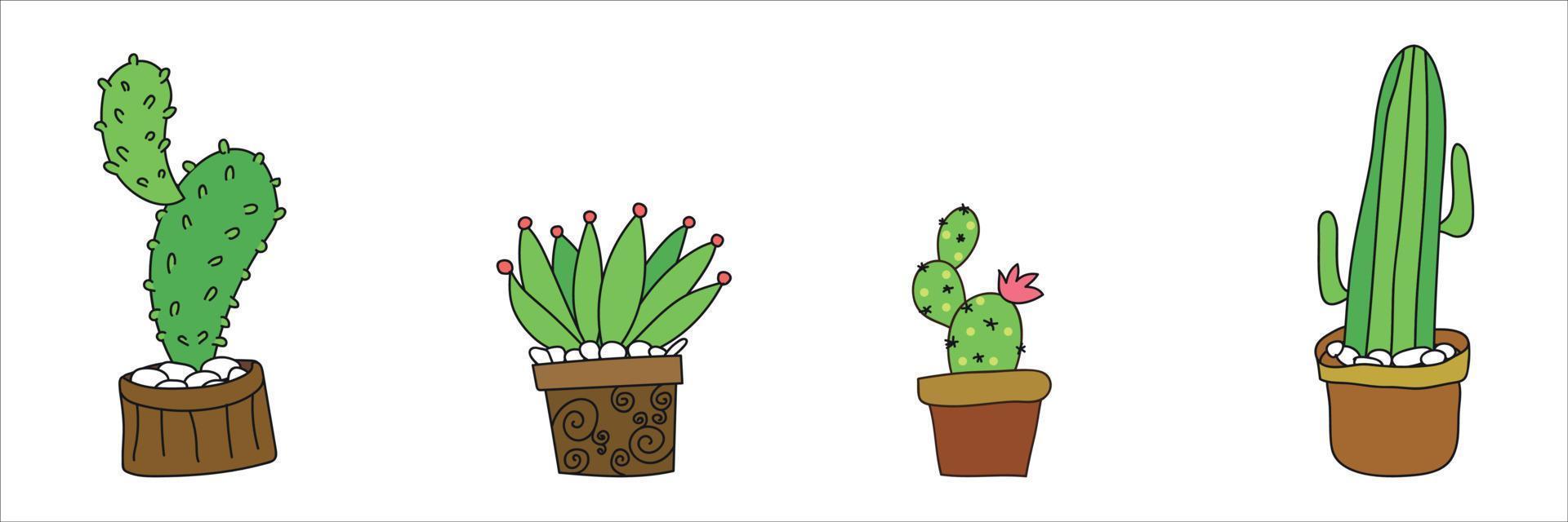 Vector set of bright cacti, aloe and leaves.