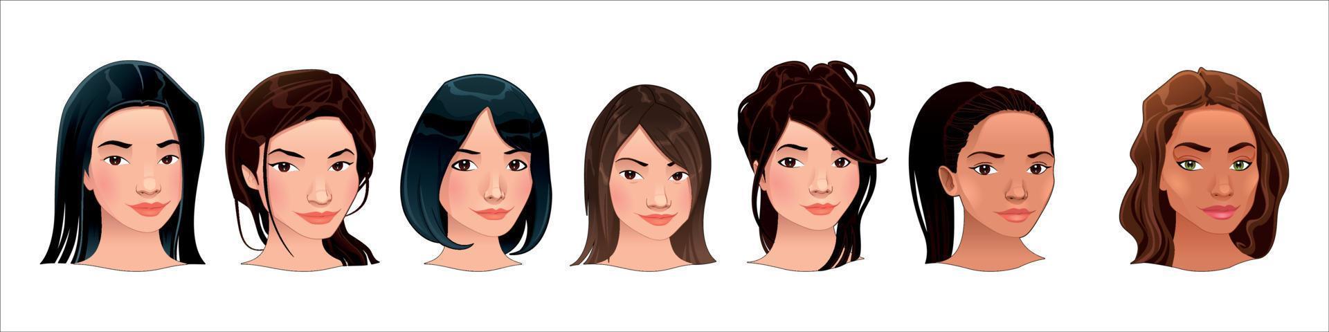 Multinacional Feminina Rosto Avatar Perfil Cabeças Com Cabelo Multi  Colorido. Meninas Com Penteados Diferentes. Ícones De Design Plano Isolado  No Fundo Branco. Mulheres Fechar Retratos. Ilustração Vetorial Royalty Free  SVG, Cliparts, Vetores